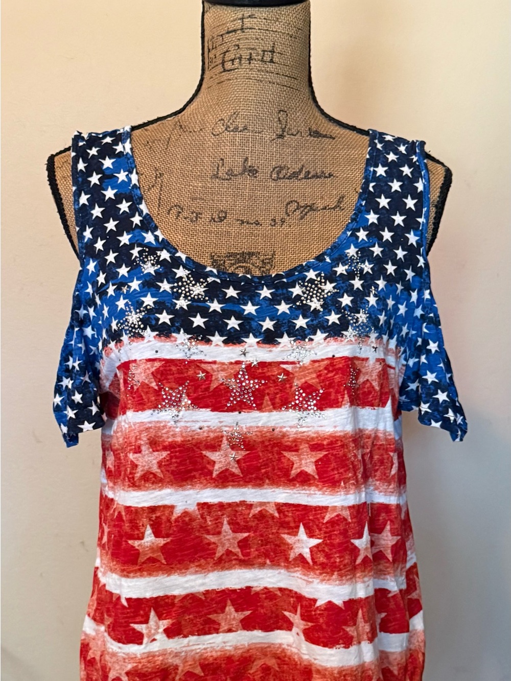Cold-Shoulder American Flag Star Print Women's Top - Red, White & Blue